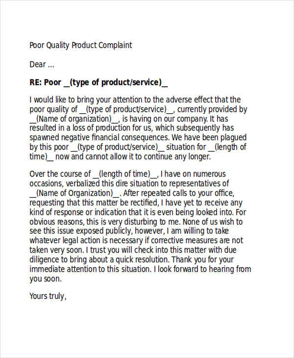 product quality complaint letter