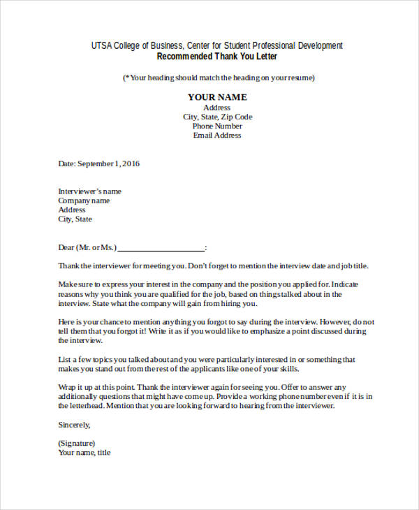 professional business thank you letter example