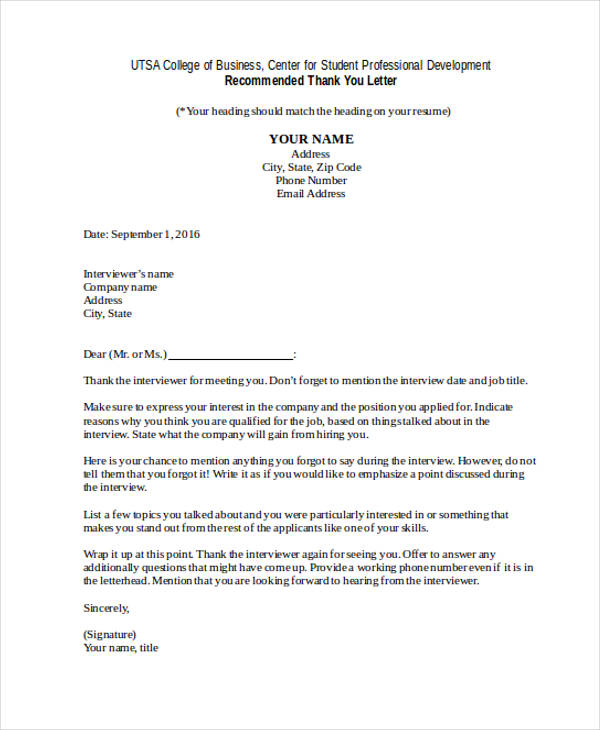 Professional Business Thank You Letter Example