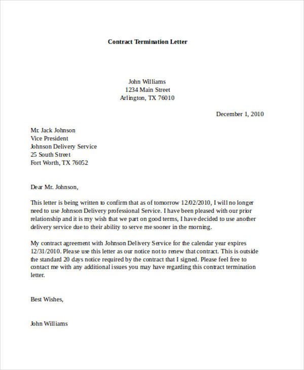 to contract letter terminate template Examples   PDF, 61  & Termination Samples Letter DOC