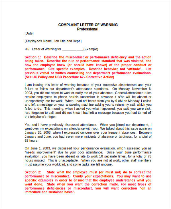 professional employee complaint letter