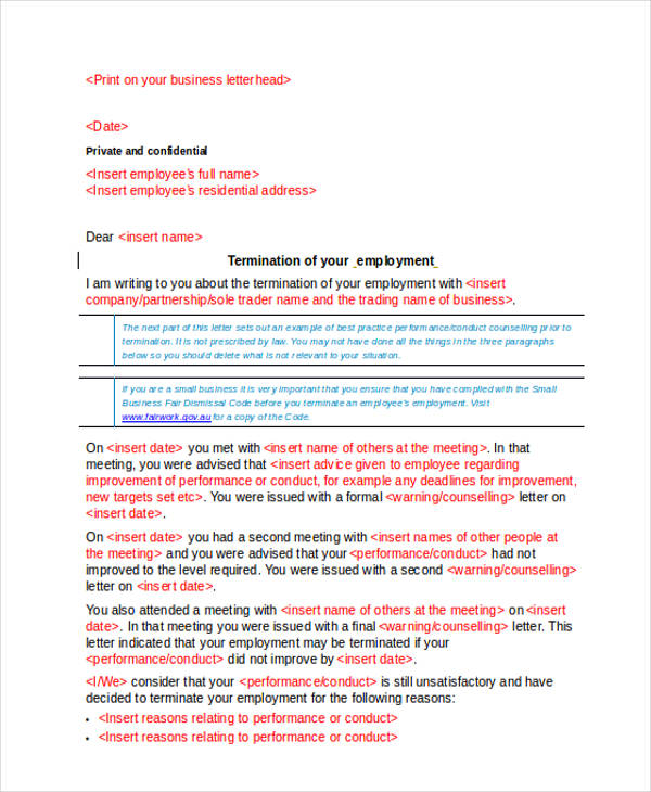 professional employee termination letter