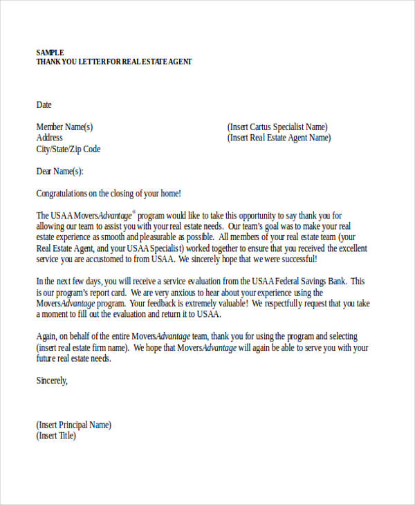 real estate agent thank you letter