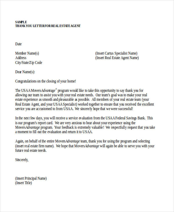 Real Estate Agent Thank You Letter