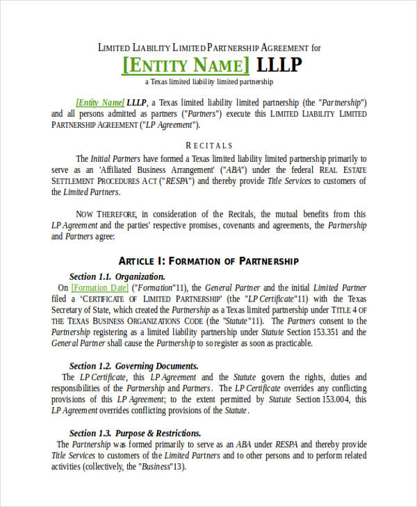 Real Estate Limited Partnership Agreement