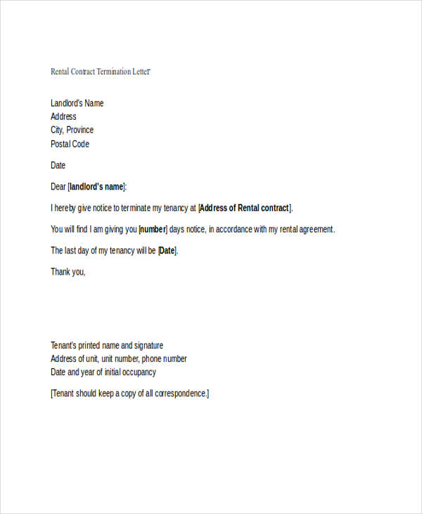 rental contract termination letter