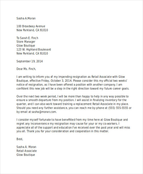 22 Two Weeks Notice Letter Examples Samples Doc Pdf