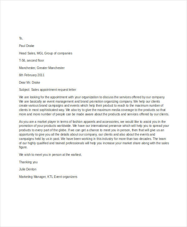sales appointment request letter