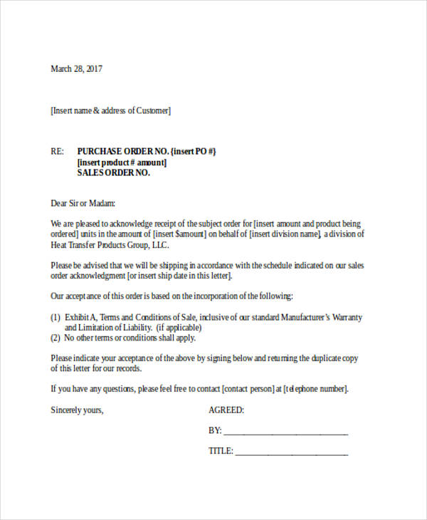 sales order acknowledgement letter
