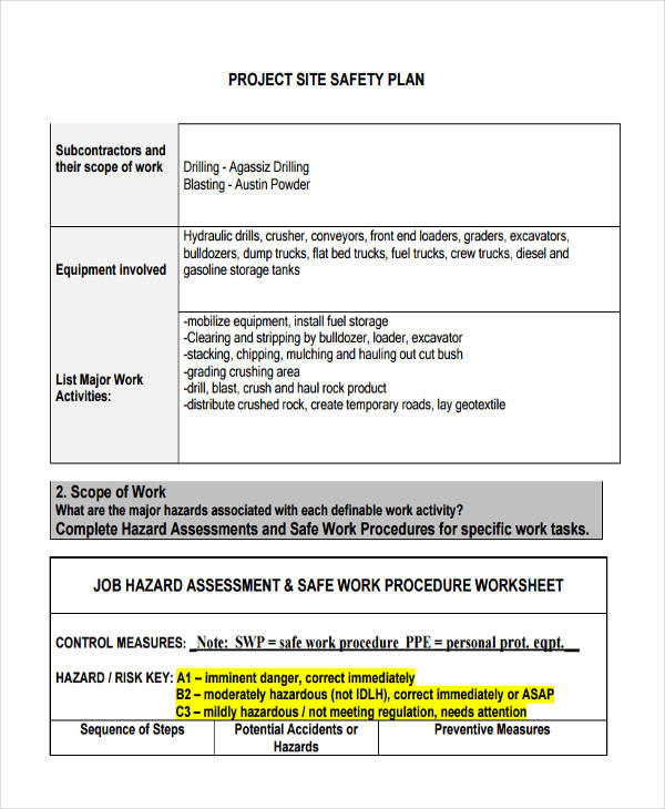 sample project safe work plan