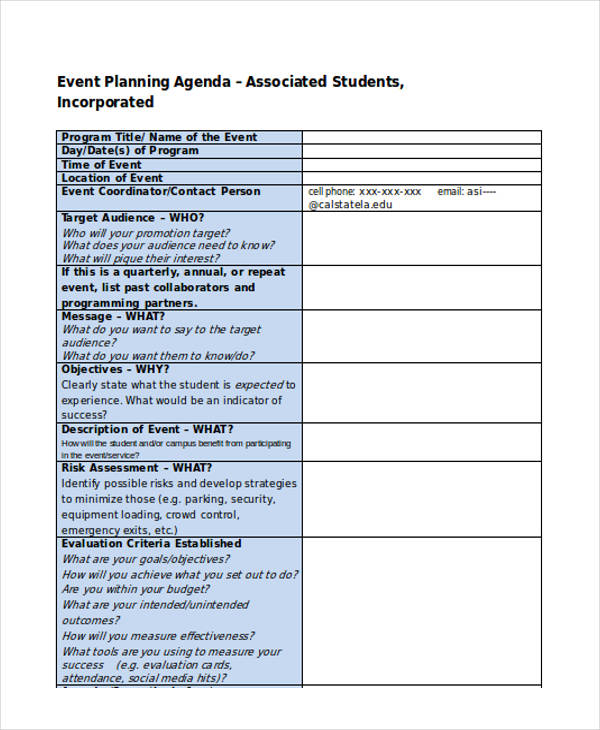 Sample event Planning Agenda