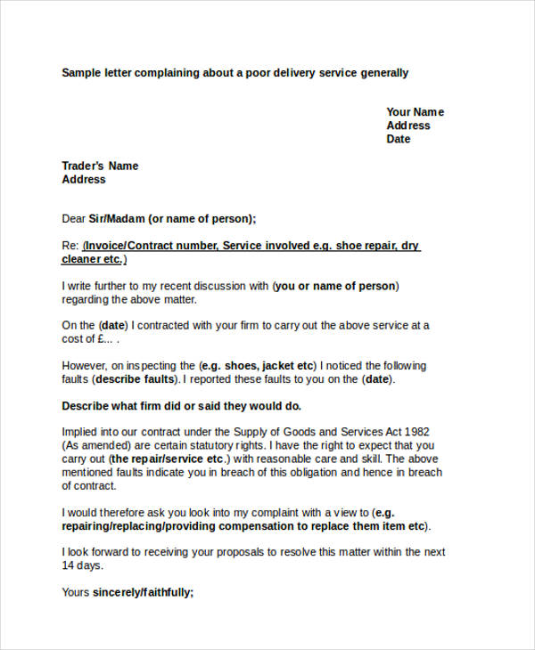 service delivery complaint letter