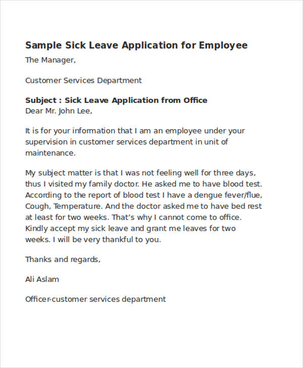 Sick Leave Application Letter