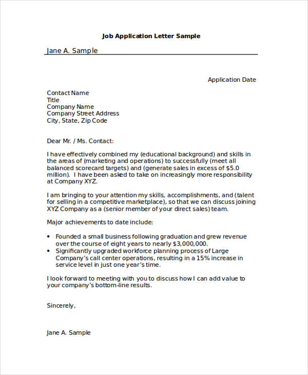 sample application letters for a job