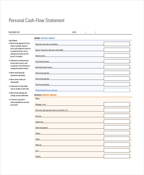 simple personal cash flow statement