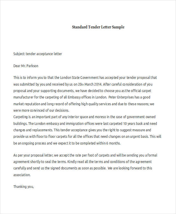 Standard Tender Letter Sample