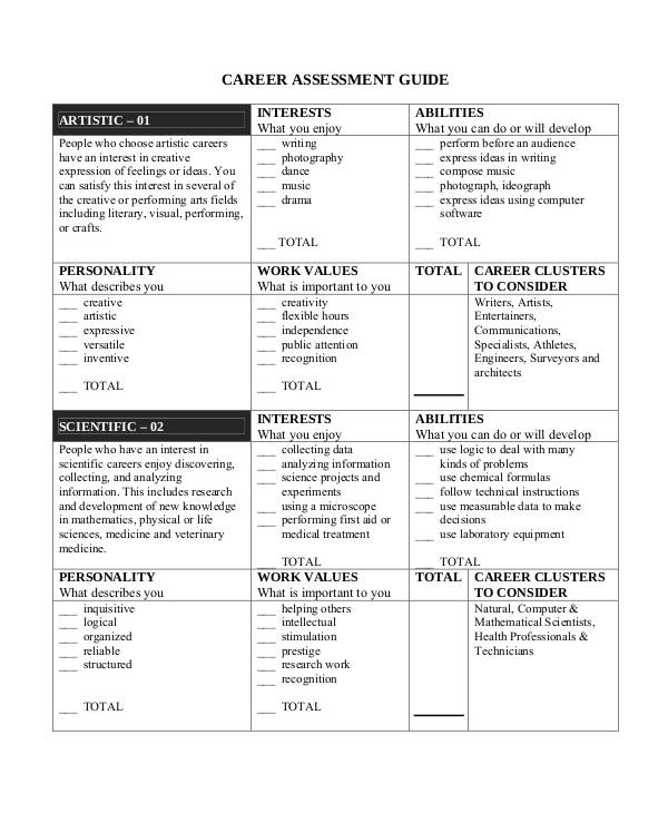 Career Assessment Inventory Free Printable