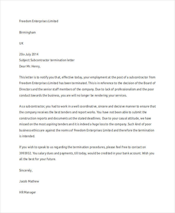 Sample Employee Termination Letter For Poor Work Quality