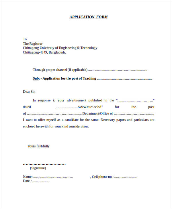 teaching post application letter