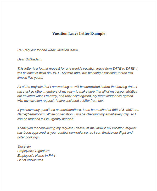 vacation leave letter example