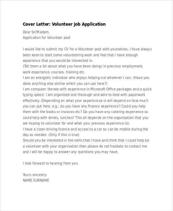 volunteer job application letter sample