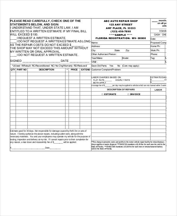 auto repair invoice examples 9 samples in google docs google sheets excel word numbers pages pdf examples