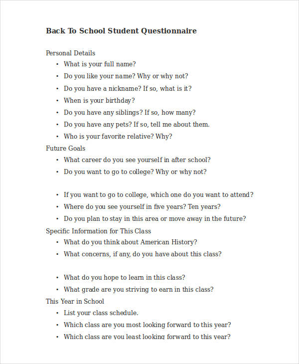 back to school student questionnaire