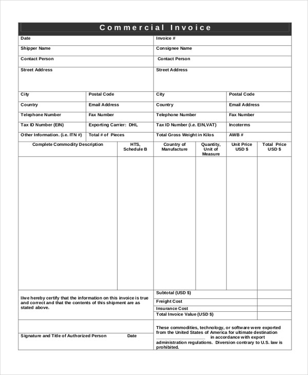 Blank Commercial Invoice