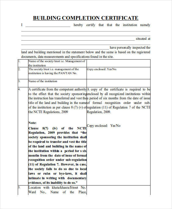 Construction Certificate Of Completion Template