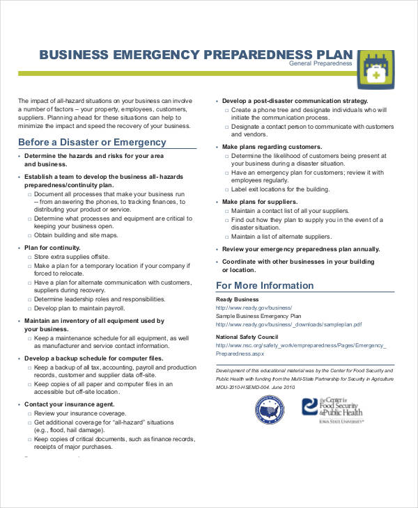 Emergency Response Plan Template For Small Business