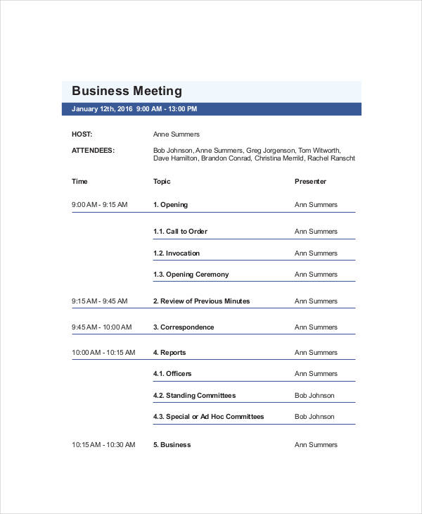 business meeting agenda template