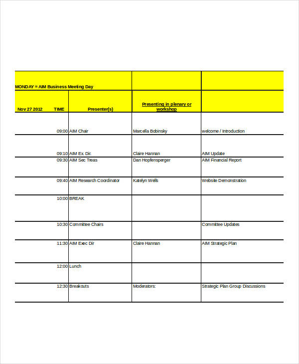 agenda excel template