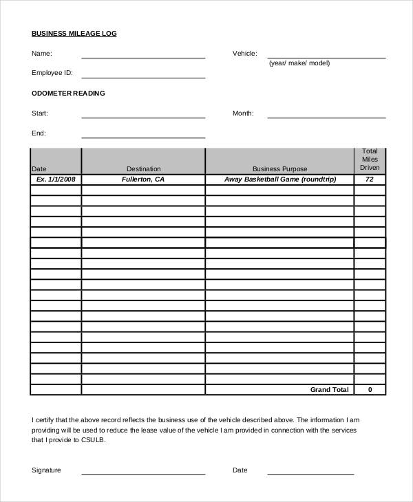 business mileage report form