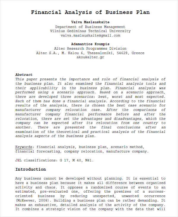 internal analysis business plan example