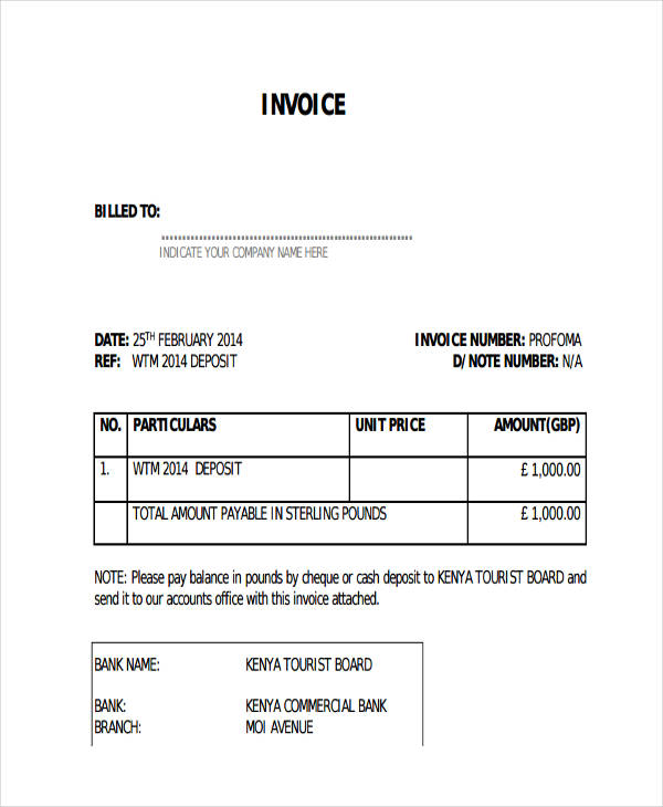 Cash Deposit Invoice