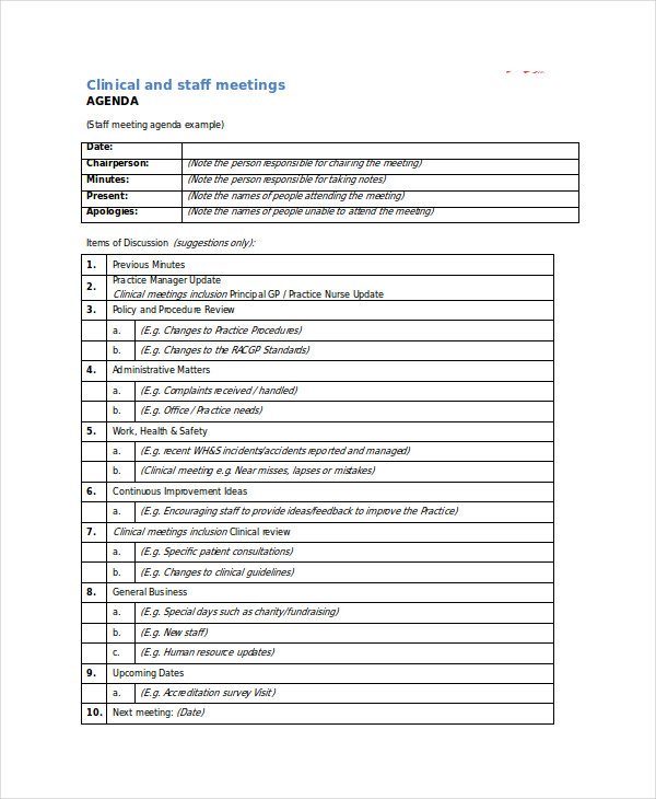 Staff Meeting Agenda Examples, Format, Pdf Examples