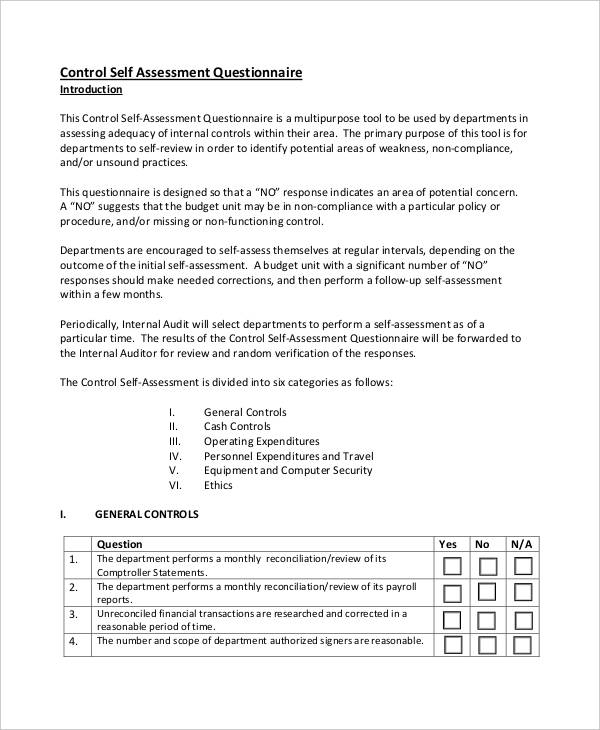 control self assessment questionnaire
