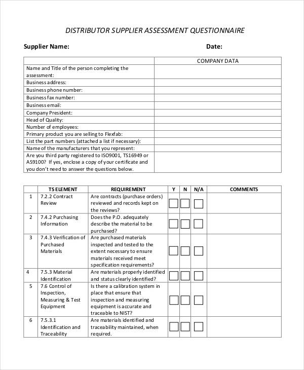 distributor supplier assessment questionnaire