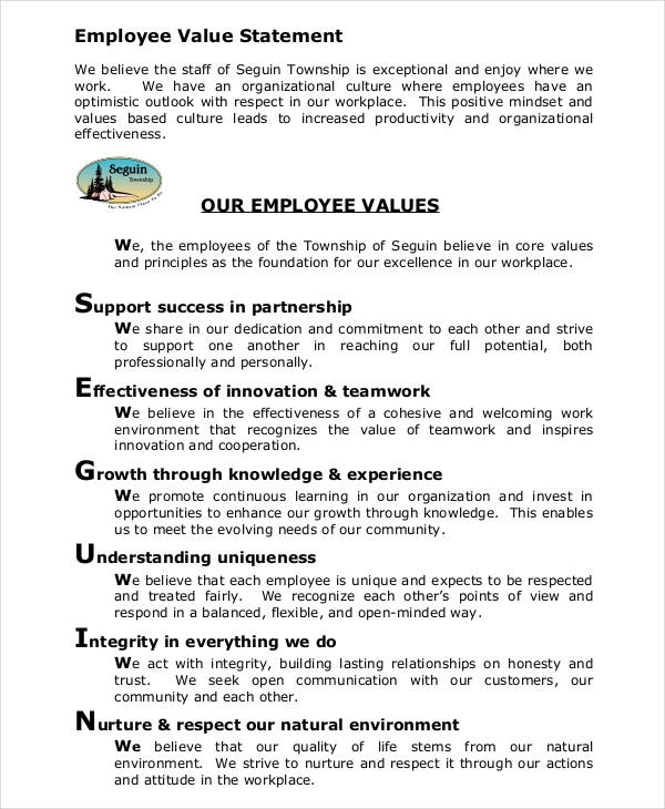 personal statement of values examples