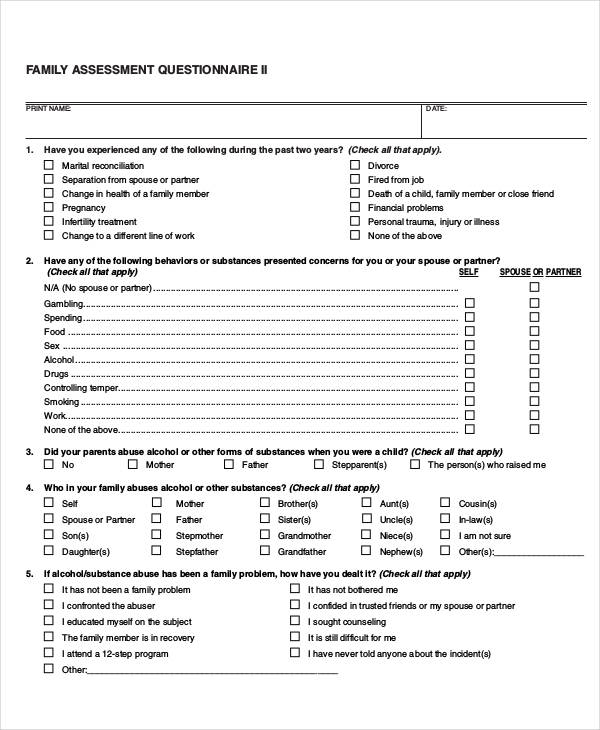 family assessment questionnaire in pdf
