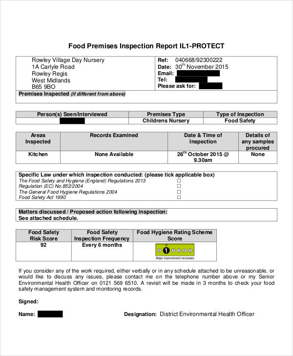 food premises inspection report