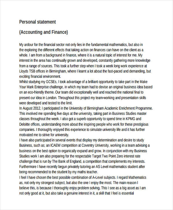 Free Finance Personal Statement