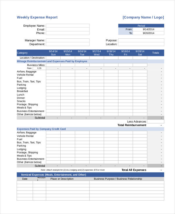 free weekly expense report
