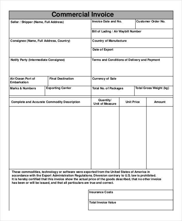 commercial invoice template united states