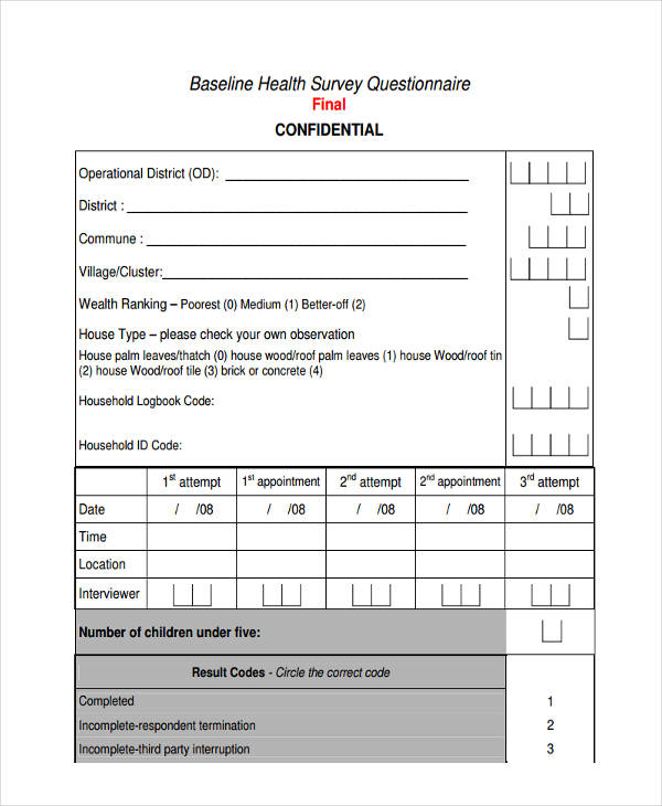 health survey questionnaire example