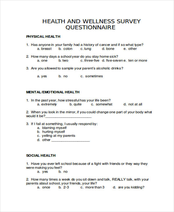 Health and Wellness Survey Questionnaire