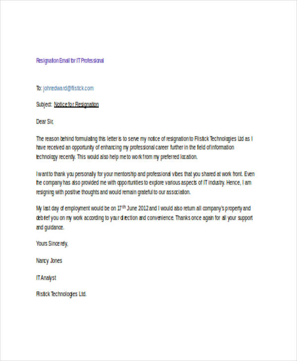 IT Resignation Email Example