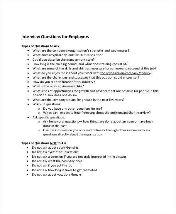 interview questionnaire for employers