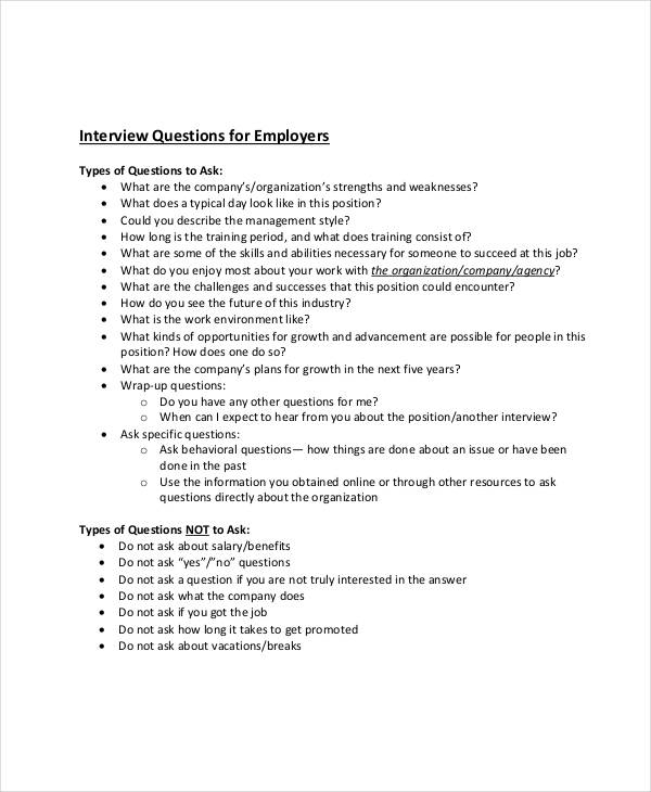 Employer Interview Questions Template