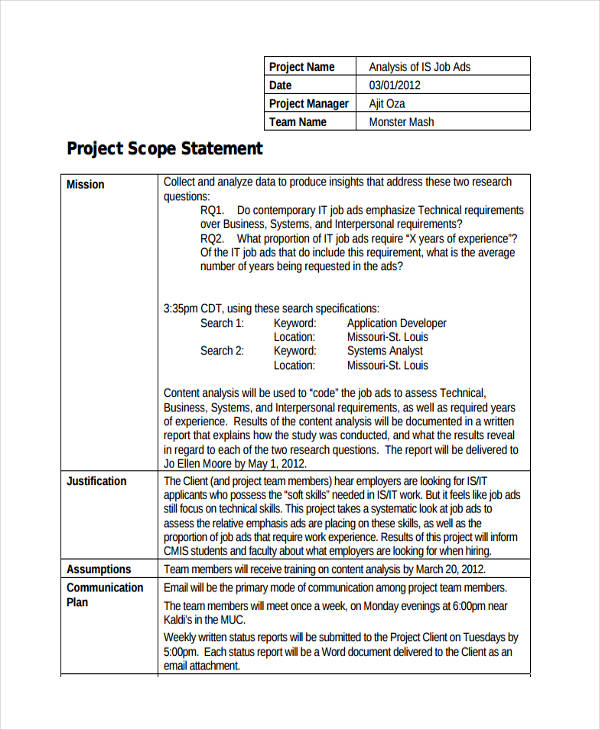 scope of a business plan example